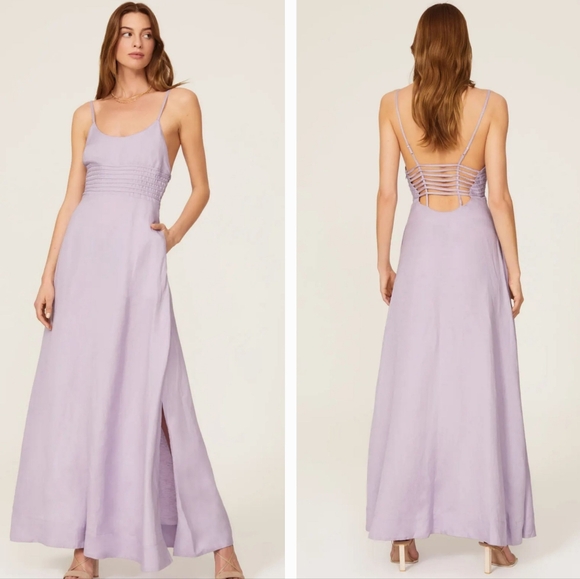 SIMKHAI Prudence Strappy Open Back Linen Elegant Lavender Maxi Dress M - Picture 1 of 6